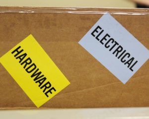 Cardboard box with labels